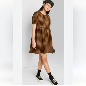 Wild Fable Womens Gold & Black Puff Short-Sleeve Seersucker Baby doll Mini Dress
